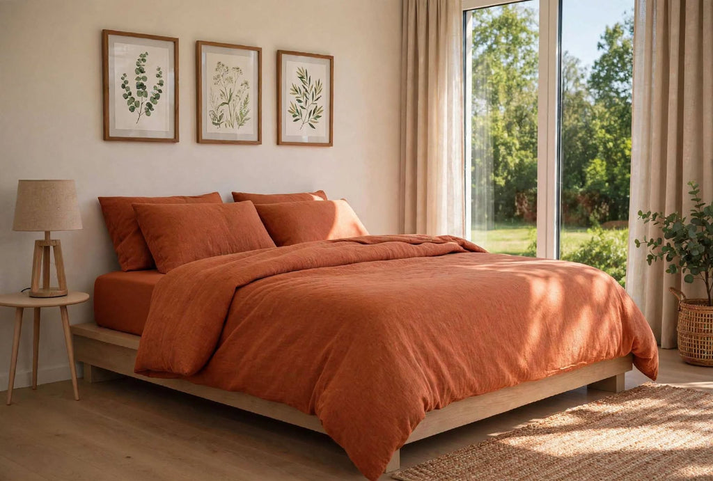 Stonewashed Cotton 4-Piece Bedding Set - Burnt Orange