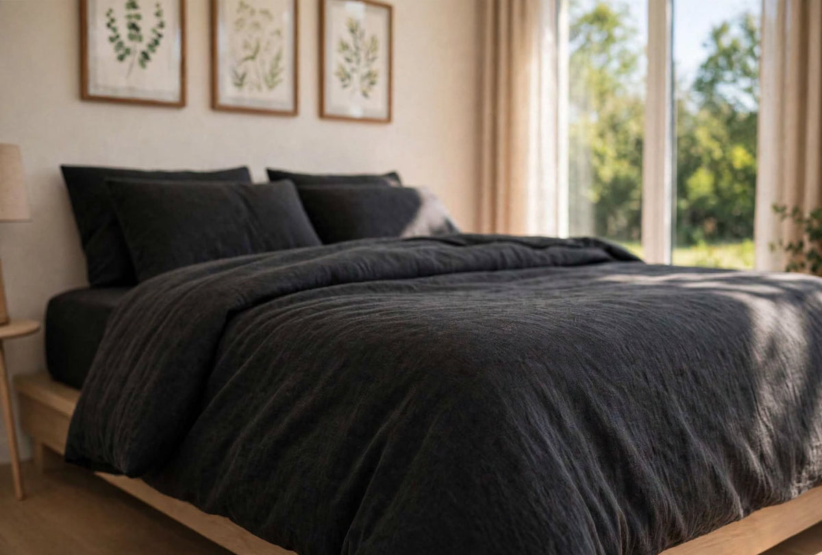 Stonewashed Cotton 4-Piece Bedding Set - Black