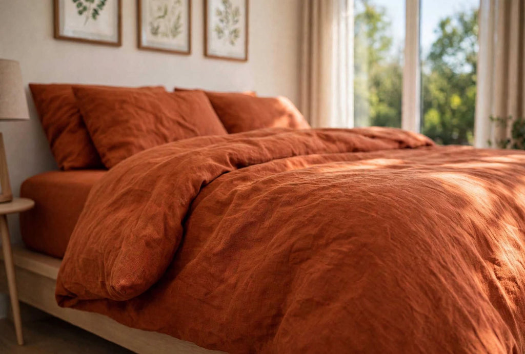 Stonewashed Cotton 4-Piece Bedding Set - Burnt Orange